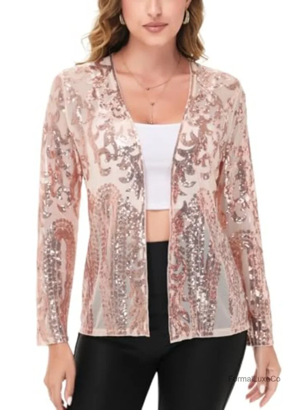 Sparkly Sequin Cardigan Open Front Long Sleeve Party Jacket